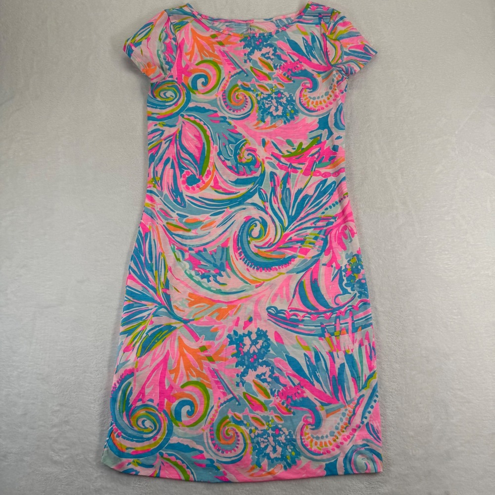Lilly Pulitzer XXS Pink Blue Pima Cotton T-Shirt Dress Short Sleeve 002719 NWOT